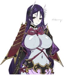 Rule 34 | 1girl, armlet, black gloves, bodysuit, breasts, chuzenji, covered navel, curvy, fate/grand order, fate (series), gloves, highres, large breasts, long hair, minamoto no raikou (fate), parted bangs, purple bodysuit, purple eyes, purple hair, ribbed sleeves, rope, smile, solo, upper body, very long hair