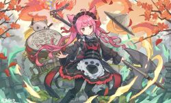 Rule 34 | 1girl, animal ears, apron, architecture, black bow, black dress, black pantyhose, blunt bangs, bow, cat ears, dragon, dress, east asian architecture, henzer, holding, holding weapon, long hair, long sleeves, original, pantyhose, red eyes, red hair, solo, weapon