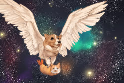 Rule 34 | animal focus, carrying, cat, chimera, commentary, dog, food, harada isuka, looking at viewer, original, space, spread wings, tagme, talons, tempura, tongue, tongue out, welsh corgi, what, wings