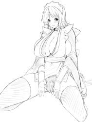 Rule 34 | 1girl, breasts, cleavage, goban, greyscale, highres, iroha (samurai spirits), large breasts, monochrome, samurai spirits, solo, spread pussy under clothes, thighhighs