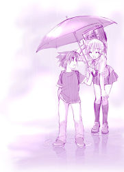 Rule 34 | 1boy, 1girl, age difference, aged down, backpack, bag, bow, breasts, casual, closed eyes, denim, facial mark, facing another, full body, genderswap, genderswap (mtf), hair ornament, hair ribbon, hair tie, hand in pocket, hand up, happy, height difference, holding, holding umbrella, jeans, kneehighs, leaning forward, loafers, long hair, looking at another, looking back, mako (omega plus), medium breasts, monochrome, naruko (naruto), naruto, naruto (series), open mouth, outdoors, pants, pleated skirt, puddle, purple theme, rain, ribbon, school uniform, serafuku, shared umbrella, shirt, shoes, short hair, short sleeves, skirt, smile, socks, spiked hair, standing, t-shirt, tongue, twintails, uchiha sasuke, umbrella, uzumaki naruto, water, wet, wet clothes, whisker markings, whiskers
