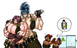 Rule 34 | 2boys, 2girls, blue eyes, blue hair, breasts, embarrassed, extreme muscles, gigantic breasts, grin, highres, leona heidern, mega-godess, multiple boys, multiple girls, muscular, purple eyes, purple hair, smile, snk, the king of fighters, whip (kof)
