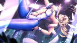 Rule 34 | animal ears, artoria pendragon (all), artoria pendragon (fate), artoria pendragon (swimsuit ruler) (fate), blonde hair, blue neckwear, blue pantyhose, braid, breasts, center opening, cleavage, clothing cutout, detached sleeves, dutch angle, fake animal ears, fate/grand order, fate (series), feather boa, fishnet legwear, fishnets, french braid, green eyes, hand on own ass, highres, large breasts, leotard, long hair, looking at viewer, navel, navel cutout, necktie, pantyhose, playboy bunny, pole, pole dancing, queasy s, rabbit ears, solo focus, stage lights, strapless, strapless leotard, stripper pole, tiara, white leotard, wrist cuffs