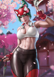 Rule 34 | 1girl, abs, armpits, black pants, blurry, blurry background, breasts, brown eyes, cherry blossoms, cowboy shot, crop top, dandon fuga, facial mark, fingerless gloves, fox mask, gloves, green hair, headphones, headphones around neck, highres, holding, holding knife, kiriko (overwatch), knife, kunai, mask, medium breasts, midriff, navel, overwatch, overwatch 2, pants, solo, sports bra, tank top, toned, two-tone gloves, weapon, white tank top