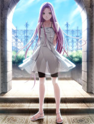 Rule 34 | 1girl, arch, arms behind back, backlighting, bad id, bad pixiv id, bare shoulders, bike shorts, bush, camisole, collarbone, concrete, day, dress, feet, fence, full body, ironwork, legs, long hair, long legs, looking at viewer, no socks, open shoes, original, outdoors, perspective, plant, purple hair, rezi, sandals, see-through, shoes, short dress, sky, sleeveless, sleeveless dress, smile, solo, spaghetti strap, stairs, standing, sundress, sunlight, tile floor, tiles, toes, very long hair, white dress, white footwear, yellow eyes