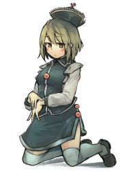 Rule 34 | 1girl, black footwear, black hat, black skirt, black vest, blonde hair, blush, breasts, closed mouth, commentary request, crescent, crescent hat ornament, full body, ginnkei, hat, hat ornament, kneehighs, kneeling, loafers, long sleeves, lunasa prismriver, shirt, shoes, short hair, simple background, skirt, skirt set, small breasts, socks, solo, touhou, vest, white background, white shirt, yellow eyes