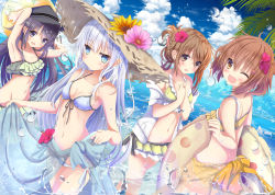 Rule 34 | 4girls, akatsuki (kancolle), armpits, aruka (alka p1), beach, bikini, bikini skirt, blue eyes, blue sarong, blue sky, blush, breasts, brown eyes, brown hair, closed mouth, clothes lift, cloud, collarbone, day, expressionless, fang, flower, folded ponytail, frilled bikini, frills, front-tie top, hair flower, hair ornament, hairclip, halterneck, hands on headwear, hat, hat flower, hibiki (kancolle), highres, holding, holding swim ring, ikazuchi (kancolle), inazuma (kancolle), innertube, jitome, kantai collection, lifted by self, long hair, looking at viewer, multiple girls, navel, off shoulder, one eye closed, open mouth, orange sarong, outdoors, parka, purple eyes, purple hair, sarong, sarong lift, short hair, side-tie bikini bottom, silver hair, sky, small breasts, smile, splashing, stomach, straw hat, string bikini, swim ring, swimsuit, thighs, verniy (kancolle)