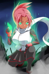Rule 34 | 1girl, aura, black footwear, black shirt, black skirt, boots, commentary request, folded ponytail, gloves, glowing, glowing eyes, green eyes, highres, holding, holding leaf, kemurikusa, leaf, long sleeves, night, nishi koutarou, pantyhose, red gloves, red hair, rin (kemurikusa), rubble, scarf, serious, shirt, short hair, skirt, solo, squatting, two side up, vest, white scarf, white vest