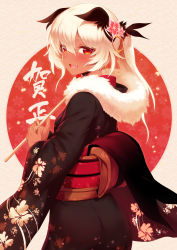Rule 34 | 1girl, :d, animal ears, black kimono, blush, commentary request, copyright request, cowboy shot, dark-skinned female, dark skin, fang, fingernails, floral print, from behind, grey nails, hair between eyes, hair ornament, highres, japanese clothes, kimono, long hair, long legs, looking at viewer, looking back, m-da s-tarou, nail polish, new year, obi, open mouth, ponytail, red eyes, sash, smile, solo, standing, white hair, wide sleeves