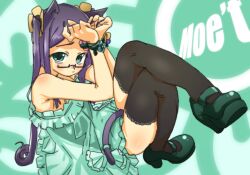 1girl bare_shoulders black_thighhighs blush bound bound_wrists crossed_legs dress flat_chest full_body glasses green_dress green_eyes high_heels highres long_hair looking_at_viewer mary_janes moe_(phrase) original purple_hair shoes solo thighhighs twintails veloexotica