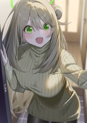 Rule 34 | 1girl, absurdres, alternate costume, blue archive, blurry, blurry background, blush, breasts, brown hair, brown sweater, commentary request, double-parted bangs, green eyes, green halo, hair between eyes, hair bun, halo, highres, large breasts, long hair, long sleeves, looking ahead, mizumok1, nonomi (blue archive), open door, open mouth, single hair bun, single side bun, smile, solo, sweater