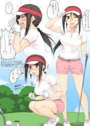 Rule 34 | 1girl, ;d, alternate costume, black hair, breast pocket, breasts, brown eyes, clenched hands, gloves, golf club, highres, kitano (zekkyon), large breasts, long hair, looking at viewer, multiple views, one eye closed, open mouth, original, pink shirt, pink shorts, pocket, ponytail, shirt, short sleeves, shorts, sidelocks, smile, translation request, visor cap, white footwear, white gloves, zekkyon