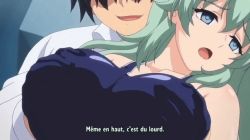 Rule 34 | 1boy, 1girl, animated, animated gif, grabbing another&#039;s breast, breasts, gakuen de jikan yo tomare, grabbing, green hair, huge breasts, swimsuit, tagme, time stop
