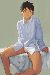 Rule 34 | 1boy, :/, absurdres, bare legs, bed sheet, black hair, bulge, commentary request, dress shirt, eyeliner, highres, lilili, long sleeves, looking at viewer, makeup, male focus, male underwear, no pants, on bed, original, paid reward available, pink eyes, red eyeliner, shirt, short hair, sidelighting, simple background, sitting, sleeves past wrists, solo, spiked hair, spread legs, underwear, white male underwear, white shirt