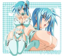 Rule 34 | 00s, 1girl, aqua eyes, aqua hair, aqua thighhighs, blue hair, bra, bra lift, breast hold, breast lift, breast suppress, breasts, checkered background, condom, condom in mouth, condom wrapper, covered erect nipples, curvy, divergence eve, garter belt, hip focus, huge breasts, kureha misaki, large breasts, lingerie, mouth hold, multiple views, nipples, panties, ribbon, side ponytail, thighhighs, underwear, underwear only, wide hips