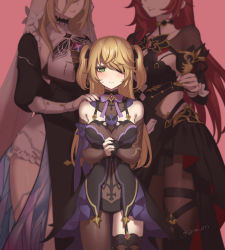 Rule 34 | 3girls, :d, aponia (honkai impact), asymmetrical gloves, bare shoulders, black dress, black gloves, black nails, blonde hair, blush, bow, bowtie, breasts, cleavage, closed mouth, company connection, dress, eden (honkai impact), elbow gloves, eyepatch, fischl (genshin impact), genshin impact, gloves, green eyes, grin, highres, honkai (series), honkai impact 3rd, large breasts, long hair, long sleeves, looking at viewer, mihoyo, mismatched gloves, multiple girls, nail polish, nun, open mouth, own hands together, pink background, power connection, purple bow, purple bowtie, purple dress, purple hair, shiratama (srtm on), signature, simple background, smile, teeth, twintails, veil