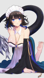 Rule 34 | 1girl, absurdres, arknights, arm support, bare shoulders, barefoot, black hair, blue eyes, blue hair, blue lips, blue nails, breasts, cleavage, commentary request, detached collar, detached sleeves, dress, grey background, highres, jewelry, kjera (arknights), kjera (ingenious servant) (arknights), large breasts, long sleeves, looking at viewer, maid, maid headdress, multicolored hair, nail polish, official alternate costume, pendant, simple background, smile, solo, strapless, strapless dress, tail, white dress, wide sleeves, yamauchi (conan-comy)