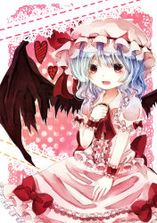 Rule 34 | 1girl, bad id, bad pixiv id, bat wings, blue hair, blush, bow, dress, fang, female focus, frills, hand on lap, hand on own chest, hat, heart, jaku sono, necktie, open mouth, pink dress, red eyes, remilia scarlet, short hair, sitting, smile, solo, touhou, wings, wristband