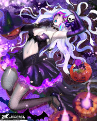 Rule 34 | 1girl, astarone, candy, dress, fishnets, food, halloween, hat, jack-o&#039;-lantern, lollipop, multicolored hair, pantyhose, purple hair, solo, two-tone hair, vampire, white hair, witch hat, x legend