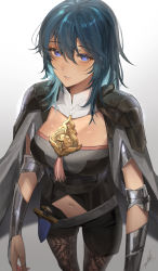 Rule 34 | 1girl, armor, blue eyes, blue hair, brown pantyhose, byleth (female) (fire emblem), byleth (fire emblem), cape, cleavage cutout, clothing cutout, dagger, film grain, fire emblem, fire emblem: three houses, gradient background, green hair, grey cape, hair between eyes, highres, knife, lace, lace-trimmed legwear, lace trim, long hair, navel, navel cutout, nintendo, pantyhose, pantyhose under shorts, parted lips, pauldrons, print pantyhose, scabbard, sheath, sheathed, shorts, shoulder armor, signature, solo, toho10min, vambraces, weapon