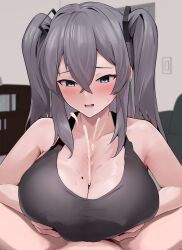 Rule 34 | 1girl, absurdres, arms under breasts, azur lane, bare shoulders, black bra, blue eyes, blush, bra, breasts, censored, collarbone, commission, commissioner upload, cum, ejaculation, grey hair, hair between eyes, hair ornament, hetero, highres, intrepid (azur lane), large breasts, mole, mole on breast, non-web source, open mouth, oza osuwari, paizuri, paizuri under clothes, penis, shy, sidelocks, skeb commission, sports bra, sweat, two side up, underwear