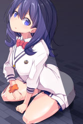 Rule 34 | 1girl, absurdres, bare legs, black hair, blue eyes, blue skirt, blush, breasts, cardigan, commentary request, gridman universe, hair between eyes, hand on ground, highres, large breasts, long hair, looking at viewer, open mouth, orange scrunchie, pleated skirt, pon (shind 997), red neckwear, red ribbon, ribbon, school uniform, scrunchie, shirt, sitting, skirt, solo, ssss.gridman, suggestive fluid, takarada rikka, tearing up, tears, white cardigan, white shirt, wrist scrunchie
