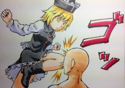Rule 34 | 1boy, 1girl, bald, blonde hair, boots, faceless, faceless male, hat, in the face, kawachi koorogi, knee strike, kneeing, lunasa prismriver, marker (medium), outstretched arm, short hair, touhou, traditional media, yellow eyes