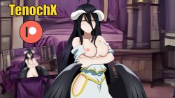 Rule 34 | 1girl, absurdres, albedo (overlord), anime coloring, black hair, breasts, demon girl, demon horns, demon wings, highres, horns, large breasts, low wings, nipples, one breast out, overlord (maruyama), pale skin, patreon, self-upload, tenochx, wings, yellow eyes