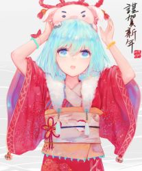 Rule 34 | 1girl, animal, animal on head, arms up, bangle, bell, blue eyes, blue hair, blue nails, bracelet, commentary request, fingernails, hair between eyes, japanese clothes, jewelry, jingle bell, kimono, kisei2, long hair, nail polish, obi, on head, open mouth, original, pig, red kimono, sash, short sleeves, solo, teeth, translation request, upper body, upper teeth only, wide sleeves