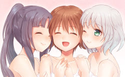Rule 34 | 3girls, :d, ;), ^ ^, bad id, bad pixiv id, black hair, blush, brown hair, closed eyes, collarbone, girl sandwich, gradient background, green eyes, grey hair, hand on another&#039;s shoulder, hattori shizuka, miyafuji yoshika, multiple girls, nightgown, one eye closed, open mouth, ponytail, sandwiched, sanya v. litvyak, short hair, smile, strike witches, totonii (totogoya), world witches series, yuri