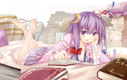 Rule 34 | 1girl, bare legs, barefoot, bed, book, breasts, bug, butterfly, cleavage, crescent, crescent hair ornament, efe, feet, female focus, hair bun, hair ornament, hair ribbon, hat, insect, legs up, long hair, looking at viewer, lying, on stomach, open book, open mouth, patchouli knowledge, pillow, purple eyes, purple hair, reading, ribbon, shirt, single hair bun, skirt, small breasts, solo, striped clothes, striped skirt, the pose, touhou, unworn hat, unworn headwear