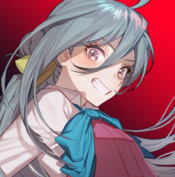 Rule 34 | 1girl, ahoge, blush, chinese commentary, commentary request, eyelashes, floating hair, hair between eyes, hair ornament, kantai collection, kiyoshimo (kancolle), long hair, looking at viewer, red background, solo, teeth, upper body, zuizi