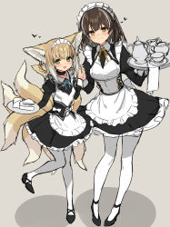 Rule 34 | 2girls, :d, absurdres, alternate costume, animal ears, apron, arknights, black dress, black footwear, blonde hair, blue neckwear, blush, braid, breasts, brown hair, cake, cake slice, chinese commentary, collar, collared dress, commentary request, dress, earrings, enmaided, food, fox ears, fox girl, fox tail, full body, green eyes, grey background, hair between eyes, hands up, heart, height difference, highres, holding, holding hands, holding plate, infection monitor (arknights), interlocked fingers, jewelry, kitsune, kyuubi, looking at viewer, magallan (arknights), maid, maid headdress, medium breasts, multicolored hair, multiple girls, multiple tails, neck ribbon, open mouth, pantyhose, plate, ribbon, shoes, short hair, sigm@, simple background, sketch, small breasts, smile, standing, standing on one leg, streaked hair, suzuran (arknights), tail, tray, white apron, white collar, white hair, white headdress, white legwear, yellow eyes, yellow neckwear