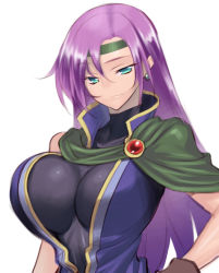 Rule 34 | 1990s (style), 1girl, blue eyes, blush, breasts, cape, closed mouth, earrings, faris scherwiz, final fantasy, final fantasy v, hand on own hip, headband, impossible clothes, impossible shirt, jewelry, jonylaser, large breasts, long hair, parted bangs, purple hair, retro artstyle, shirt, sleeveless, sleeveless turtleneck, smile, solo, turtleneck, undershirt, upper body, white background