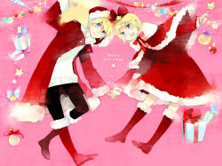 Rule 34 | 1boy, 1girl, bad id, bad pixiv id, blonde hair, blue eyes, boots, brother and sister, christmas, hair ornament, hair ribbon, hairclip, holding hands, hat, hetero, kagamine len, kagamine rin, mig (36th underground), ribbon, santa costume, santa hat, short hair, siblings, smile, star (symbol), twins, twintails, vocaloid
