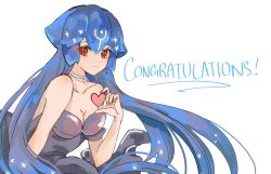 Rule 34 | 1girl, bad id, bad twitter id, bao (vtuber), bao (vtuber) (1st costume), blue hair, breasts, cleavage, congratulations, heart, highres, indie virtual youtuber, long hair, medium breasts, red eyes, ryn (xu), simple background, smile, solo, virtual youtuber, whale, white background