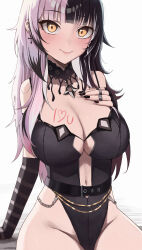 Rule 34 | 1girl, absurdres, black choker, black gloves, black hair, black leotard, black nails, blush, breasts, choker, cleavage, cross, cross earrings, earrings, elbow gloves, gloves, grey hair, highres, hololive, hololive english, jewelry, lace-trimmed choker, lace trim, large breasts, leotard, long hair, looking at viewer, multicolored hair, nail polish, navel, ring, shiori novella, shiori novella (1st costume), smile, solo, split-color hair, striped clothes, striped gloves, vicarious, virtual youtuber, yellow eyes