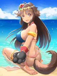 Rule 34 | 1girl, absurdres, animal ears, barefoot, beach, breasts, brown hair, dog ears, dog girl, dog tail, fang, feet, flower, hair flower, hair ornament, highres, j.c.14, kaori (princess connect!), kaori (summer) (princess connect!), large breasts, looking at viewer, ocean, open mouth, princess connect!, red eyes, soles, tail, toes