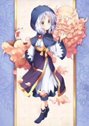 Rule 34 | 1girl, absurdres, beard, black footwear, blue background, blue capelet, blue eyes, blue hair, blush, capelet, center frills, commentary request, dress, facial hair, floral background, frills, full body, glint, highres, holding, hood, hooded capelet, jewelry, kesa, kumoi ichirin, long sleeves, looking at viewer, palanquin ship, ring, sash, shoes, short hair, smile, standing, stick jitb, touhou, translation request, unzan, white dress, wide sleeves, yellow sash