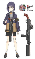 Rule 34 | 1girl, arm at side, armband, bandolier, benelli m4, black footwear, black skirt, blunt ends, blush, bob cut, brown jacket, closed mouth, collared shirt, foregrip, full body, grey shirt, gun, hand up, highres, index finger raised, jacket, long sleeves, looking at viewer, multicolored clothes, multicolored jacket, open clothes, open jacket, original, purple eyes, purple hair, purple jacket, ribbed shirt, samaru (seiga), shirt, shoes, short hair, shotgun, shoulder strap, side slit, simple background, skirt, smile, socks, solo, standing, suppressor, tsurime, two-tone jacket, weapon, white background, white socks