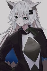 Rule 34 | 1girl, absurdres, animal ears, arknights, black coat, black gloves, blue capelet, blue eyes, breasts, capelet, coat, gloves, grey hair, highres, issei draw, lappland (arknights), lappland (refined horrormare) (arknights), long hair, long sleeves, material growth, medium breasts, official alternate costume, open clothes, open coat, open mouth, oripathy lesion (arknights), scar, scar across eye, scar on face, solo, upper body, wolf ears