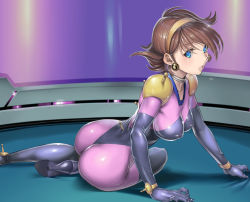 Rule 34 | 1girl, :o, arm support, armor, ass, bad id, bad pixiv id, blue eyes, blush, bodysuit, breasts, brown hair, covered erect nipples, elbow gloves, furuya masashi, g gundam, gloves, gundam, hanging breasts, headband, high heels, highres, impossible bodysuit, impossible clothes, lips, looking at viewer, looking to the side, mobile trace suit, nipples, pauldrons, rain mikamura, short hair, shoulder armor, skin tight, solo