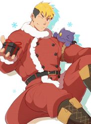 Rule 34 | 1boy, bara, belt, blonde hair, box, christmas, creature, cross-laced footwear, crow (siranui), feet out of frame, gift, gift box, highres, jacket, male focus, multicolored hair, muscular, muscular male, official alternate costume, red eyes, red jacket, santa costume, scar, scar across eye, scar on face, short hair, sideburns, solo, onogami tetsuya, tokyo houkago summoners, two-tone hair, undercut