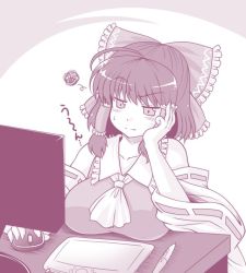 Rule 34 | 1girl, alternate breast size, annoyed, ascot, bow, breasts, commentary request, detached sleeves, drawing tablet, hair bow, hair tubes, hakurei reimu, large breasts, marumega, monitor, monochrome, computer mouse, raised eyebrow, ribbon-trimmed sleeves, ribbon trim, solo, squiggle, stylus, sweatdrop, touhou, upper body