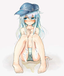 Rule 34 | 1girl, anchor symbol, black hat, blue eyes, blush, breasts, collarbone, embarrassed, feet, female focus, full body, hand up, hat, hibiki (kancolle), jpeg artifacts, kantai collection, long hair, looking away, looking to the side, navel, open mouth, panties, pee, peeing, peeing self, puddle, shiny skin, silver hair, simple background, sitting, small breasts, solo, tears, toenails, toes, topless, traditional media, translated, trembling, underwear, underwear only, watakarashi, wet, wet clothes, wet panties, white background, white panties