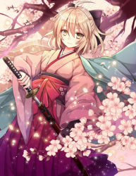 Rule 34 | 1girl, ahoge, black bow, black scarf, bow, cherry blossoms, commentary request, fate (series), flower, hair between eyes, hair bow, haori, holding, holding sword, holding weapon, japanese clothes, katana, kimono, koha-ace, looking at viewer, nozomi fuuten, obi, okita souji (fate), okita souji (koha-ace), outdoors, petals, sash, scarf, shinsengumi, smile, solo, sword, tree, weapon, wide sleeves