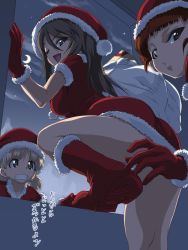 Rule 34 | 10s, 3girls, aki (girls und panzer), boots, brown eyes, climbing, convenient censoring, crescent moon, dress, female focus, gemu555, girls und panzer, gloves, green eyes, grimace, light brown hair, long hair, looking at another, looking at viewer, looking back, microdress, mika (girls und panzer), mikko (girls und panzer), moon, multiple girls, night, night sky, one eye closed, open mouth, panties, panty peek, red dress, red eyes, red footwear, red gloves, red hair, santa costume, short hair, short twintails, sky, smile, standing, star (sky), starry sky, translated, twintails, underwear, white panties, window