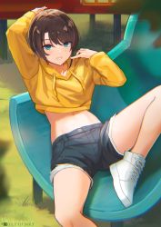 Rule 34 | 1girl, arm up, artist name, blue eyes, brown hair, cropped hoodie, dolphenry, drawstring, foot out of frame, grass, grin, hand up, highres, hololive, hood, hood down, hoodie, long sleeves, looking at viewer, lying, navel, on back, oozora subaru, open mouth, shoes, short hair, short shorts, shorts, slide, smile, sneakers, solo, virtual youtuber, white footwear, yellow hoodie