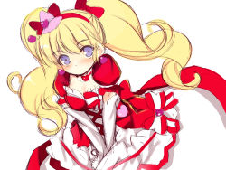Rule 34 | 1girl, asahina mirai, blonde hair, blush, bow, closed mouth, cure miracle, cure miracle (ruby style), dress, earrings, elbow gloves, gloves, hair between eyes, hair bow, hairband, hat, heart, heart earrings, jewelry, kurasuke, long hair, looking at viewer, magical girl, mahou girls precure!, pink hat, precure, puffy short sleeves, puffy sleeves, purple eyes, red bow, red dress, red hairband, ruby style, short sleeves, simple background, sketch, solo, twintails, v arms, very long hair, white background, white gloves