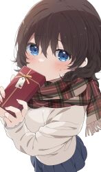Rule 34 | 1girl, blue eyes, blue skirt, blush, box, brown hair, brown scarf, fringe trim, from above, furrowed brow, gift, hair between eyes, highres, holding, holding gift, long sleeves, looking at viewer, mochigome (ununquadium), original, plaid, plaid scarf, pleated skirt, scarf, simple background, skirt, sleeves past wrists, solo, sweater, valentine, white background